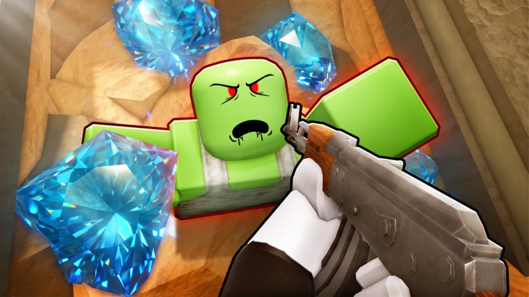 First-person combat against a green undead miner among blue gems